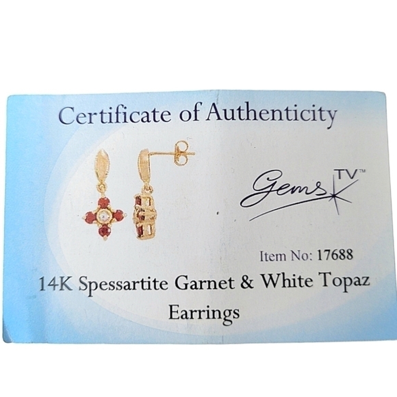 SOLD- 14k Yellow Gold Spessartite Garnet White Topaz Flower Dangle Stud Earrings - Picture 1 of 4